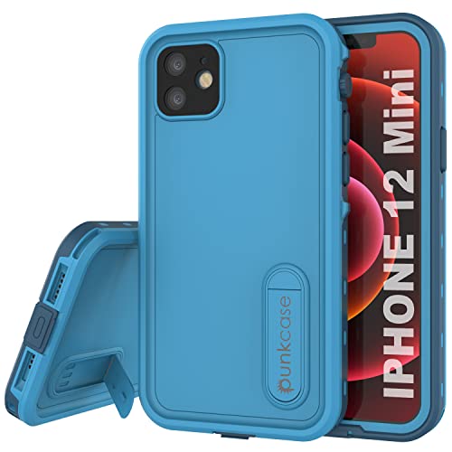 PunkCase Schutzhülle für iPhone 12 Mini (5,4 Zoll) (2020) (KickStud Serie), Slim Fit, IP68 zertifiziert, mit integrierter Displayschutzfolie und integriertem Ständer, Blau von PunkCase