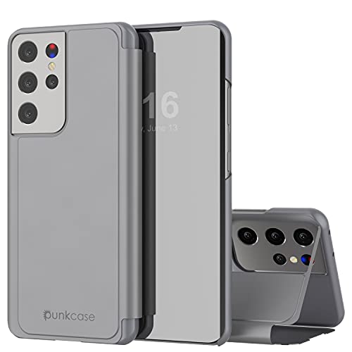 Punkcase S21 Ultra Reflektor Schutzhülle Flip Cover W/Kratzfest Durchscheinend Spiegel Front & Rutschfeste PU Leder Rückseite Integrierter Ständer für Galaxy S21 Ultra 5G (6,8 Zoll) (2021) (Silber) von PunkCase