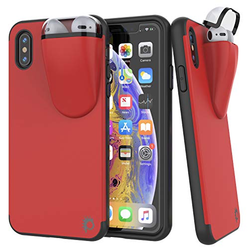 Punkcase iPhone X Airpods Schutzhülle (TopPods Serie) | Slim & Durable 2-in-1 Hülle für iPhone X (5,8 Zoll) | Schützt Ihr Handy & speichert Ihre AirPods Gen. 1 & 2 [rot] von PunkCase