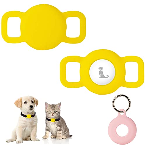 PuppyDoggy 2 Stück Silikon Schutz Hülle Kompatibel für Apple Airtag GPS Finder für Hundehalsband, katzenhalsband, Pet Loop Holder für AirTag & 1 Stück AirTag Schlüsselanhänger Halter (Klein, Gelb) von PuppyDoggy