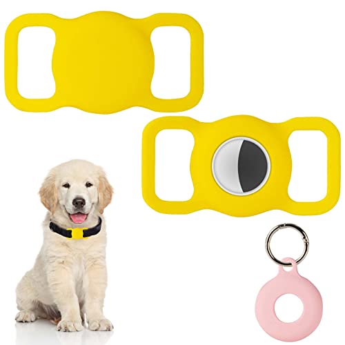 PuppyDoggy 2 Stück Silikon Schutz Hülle Kompatibel für Apple Airtag GPS Finder für Hundehalsband, katzenhalsband, Pet Loop Holder für AirTags & 1 Stück AirTag Schlüsselanhänger Halter (Groß, Gelb) von PuppyDoggy