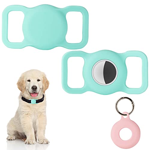 PuppyDoggy 2 Stück Silikon Schutz Hülle Kompatibel für Apple Airtag GPS Finder für Hundehalsband, katzenhalsband, Pet Loop Holder für AirTags & 1 Stück AirTag Schlüsselanhänger Halter (Groß, Minzgrün) von PuppyDoggy