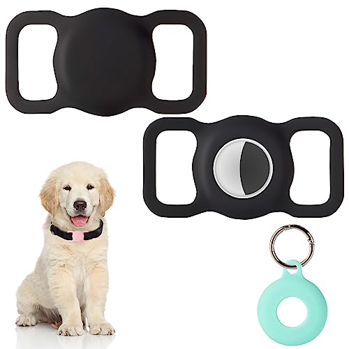 PuppyDoggy 2 Stück Silikon Schutz Hülle Kompatibel für Apple Airtag GPS Finder für Hundehalsband, katzenhalsband, Pet Loop Holder für AirTags & 1 Stück AirTag Schlüsselanhänger Halter (Groß, Schwarz) von PuppyDoggy