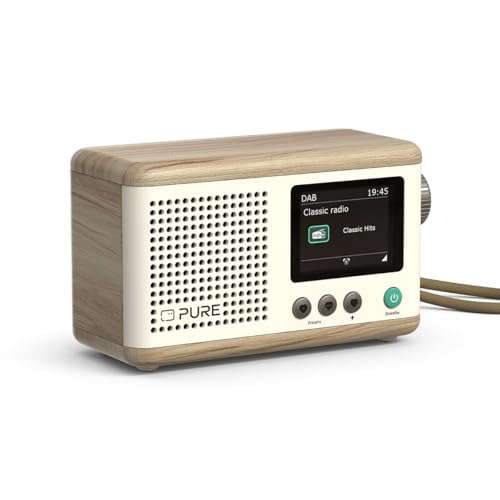Pure Classic Mini Tragbares Digitalradio – DAB+ & UKW-Radio – Bluetooth 5.3 – 15 Stunden Akkulaufzeit – 2 Equalizer-Optionen – 2,4 Zoll Farbdisplay – Trageband – Baumwoll-Weiß/Eiche – Kompakt & leicht von Pure
