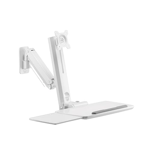 PureMounts Monitor Halterung mit Tastaturablage, Wandhalterung Bildschirmhalterung mit Tastatur Ablage, Höhenverstellbar, Schwenkbar, Neigbar, Stand Up Arbeitsstation, Weiß von PureMounts