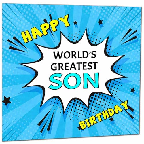 Geburtstagskarte für Sohn – World's Greatest – Comicbuch-Pop-Art-Stil Geburtstagskarte für Sohn von Purple Fox