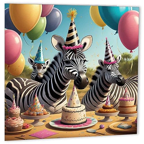 Geburtstagskarte mit Zebra-Motiv, niedliche Zebras, für Zebra-Liebhaber, 147 mm x 147 mm von Purple Fox