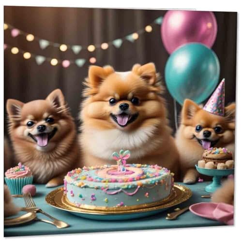 Geburtstagskarte mit Zwergspitz, lustig, süß, bezaubernder Hund, 145 mm x 145 mm von Purple Fox