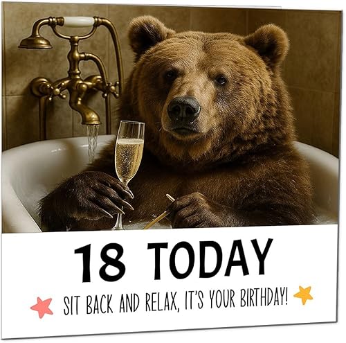Geburtstagskarte zum 18. Geburtstag, Motiv: Bär in einer Badewanne, lustiger Bär, Geburtstagskarte für 18 Jahre alte Teenager, Kinder, achtzehnte Geburtstagskarte zum 18. Geburtstag, Motiv: Bär in einer Badewanne, lustiger Bär, Geburtstagskarte für 18 Jahre alte Teenager, Kinder, achtzehnte von Purple Fox