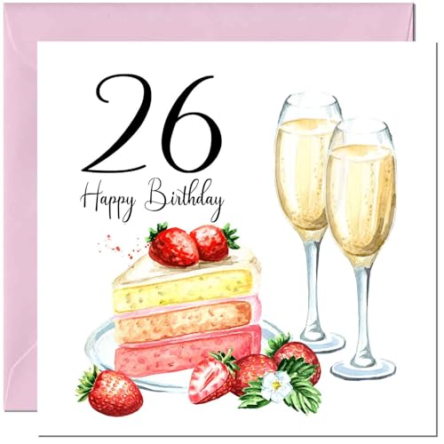Geburtstagskarte zum 26. Geburtstag für Frauen – Erdbeeren und Kuchen – Damen-Geburtstagskarte für 26 Jahre alte Frau, sechsundzwanzig Tochter, Freund, Nichte, Enkelin, Ehefrau, Freundin, Mädchen, Geburtstagskarte zum 26. Geburtstag für Frauen – Erdbeeren und Kuchen – Damen-Geburtstagskarte für 26 Jahre alte Frau, sechsundzwanzig Tochter, Freund, Nichte, Enkelin, Ehefrau, Freundin, Mädchen, von Purple Fox
