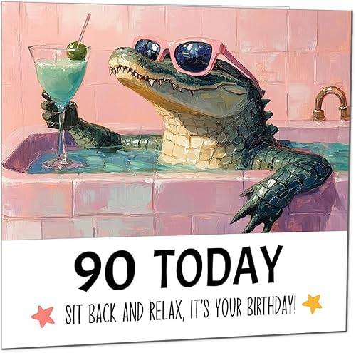 Geburtstagskarte zum 90. Geburtstag, Motiv: Chill & Relax, coole Krokodil-Bad-Geburtstagskarte für den 90. Geburtstag Geburtstagskarte zum 90. Geburtstag, Motiv: Chill & Relax, coole Krokodil-Bad-Geburtstagskarte für den 90. Geburtstag von Purple Fox