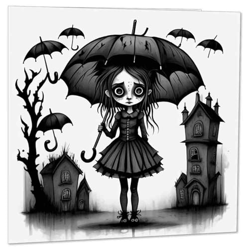 Grußkarte / Geburtstagskarte, Gothic-Mädchen mit Regenschirm, 145 x 145 mm von Purple Fox