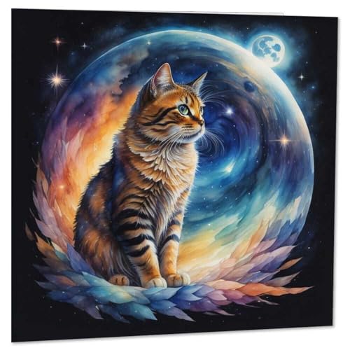 Katze Galaxie Grußkarte – Mond Weltraum Kitty Geburtstagskarten 145 x 145 mm von Purple Fox