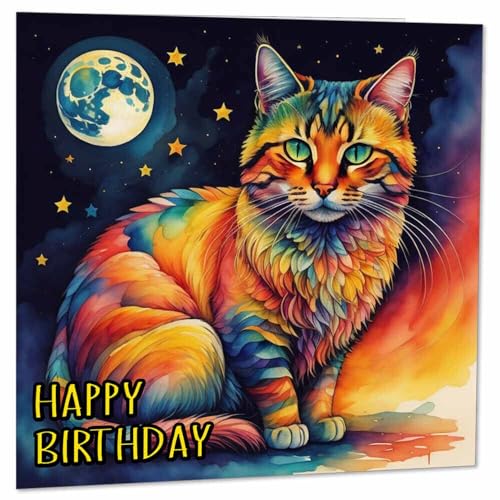 Moon Cat Geburtstagskarte – Aquarell-Katzenkarten – Katzenkarten, 145 x 145 mm von Purple Fox
