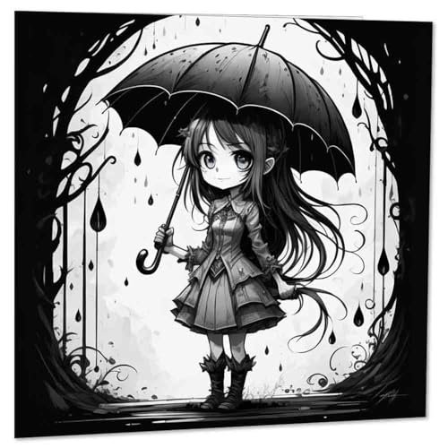 Purple Fox Anime Gothic Girl With Umbrella Grußkarte Geburtstagskarte 145 x 145 mm, Weiss/opulenter Garten von Purple Fox