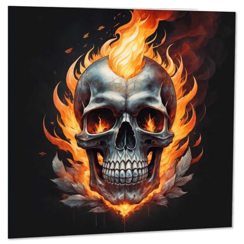 Purple Fox Flaming Skull Grußkarte – Rock Metal Gothic Biker Karte 145 x 145 mm, Weiss/opulenter Garten von Purple Fox