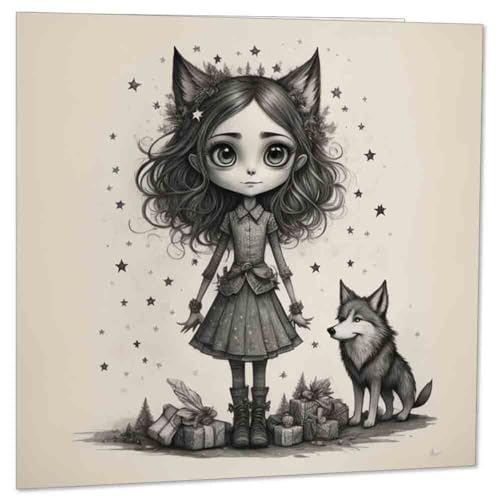 Purple Fox Geburtstagskarte mit niedlichem Gothic-Mädchen und Wolf, 145 x 145 mm von Purple Fox