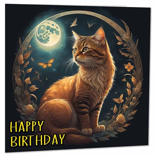 Purple Fox Katze Mond Geburtstagskarte – Schöne Katze Grußkarte – Katzenkarten 145 x 145 mm von Purple Fox
