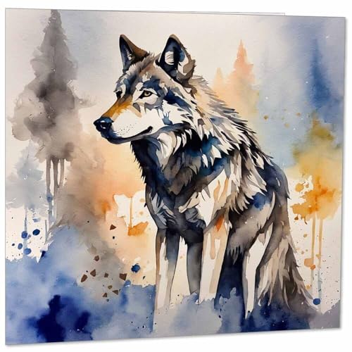 Purple Fox Wolf-Grußkarte – Schöne Aquarell-Wolf-Karte 145 mm x 145 mm weiß von Purple Fox