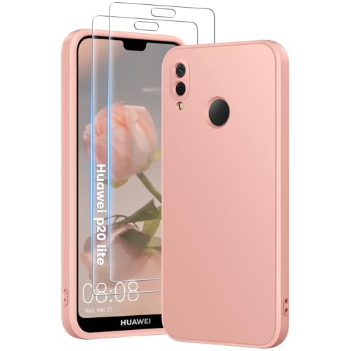 PuyaTeya 3 in 1 Hülle für Huawei p20 lite, mit 2 Stück 9H Panzerglas Premium Liquid Silikon Hülle, mit 4-Layer stoßfeste abriebfestes, Soft Mikrofaserfutter Kratzfes Schutzhülle (Rose) von PuyaTeya