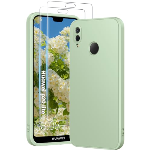 PuyaTeya 3 in 1 Hülle für Huawei p20 lite, mit 2 Stück 9H Panzerglas Premium Liquid Silikon Hülle, mit 4-Layer stoßfeste abriebfestes, Soft Mikrofaserfutter Kratzfes Schutzhülle (hellgrün) von PuyaTeya
