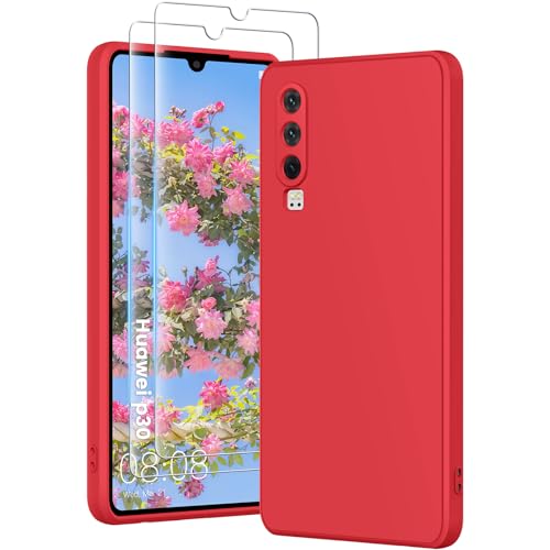 PuyaTeya 3 in 1 Hülle für Huawei p30, mit 2 Stück 9H Panzerglas Premium Liquid Silikon Hülle, mit 4-Layer stoßfeste abriebfestes, Soft Mikrofaserfutter Kratzfes Schutzhülle (Rot) von PuyaTeya