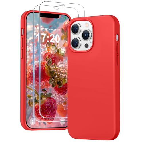 PuyaTeya 3 in 1 Hülle für iPhone 12 pro max, mit 2 Stück 9H Panzerglas Premium Liquid Silikon Hülle, mit 4-Layer stoßfeste abriebfestes, Soft Mikrofaserfutter Kratzfes Schutzhülle(Rot) von PuyaTeya