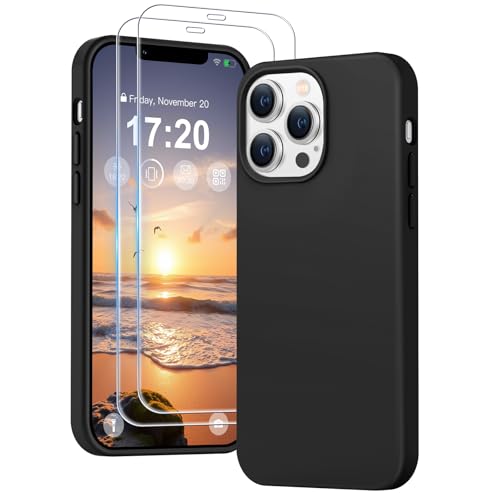 PuyaTeya 3 in 1 Hülle für iPhone 12 pro max, mit 2 Stück 9H Panzerglas Premium Liquid Silikon Hülle, mit 4-Layer stoßfeste abriebfestes, Soft Mikrofaserfutter Kratzfes Schutzhülle(Tiefschwarz) von PuyaTeya