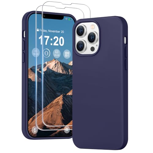 PuyaTeya 3 in 1 Hülle für iPhone 13 pro max, mit 2 Stück 9H Panzerglas Premium Liquid Silikon Hülle, mit 4-Layer stoßfeste abriebfestes, Soft Mikrofaserfutter Kratzfes Schutzhülle(bei Nacht Blue) von PuyaTeya