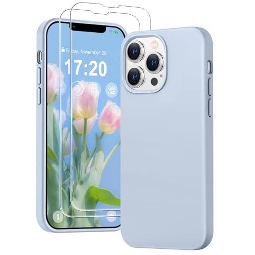PuyaTeya 3 in 1 Hülle für iPhone 13 pro max, mit 2 Stück 9H Panzerglas Premium Liquid Silikon Hülle, mit 4-Layer stoßfeste abriebfestes, Soft Mikrofaserfutter Kratzfes Schutzhülle(Azurblau) von PuyaTeya