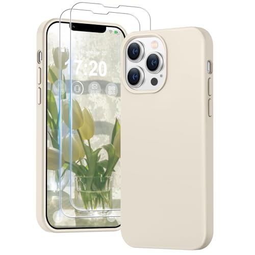 PuyaTeya 3 in 1 Hülle für iPhone 13 pro max, mit 2 Stück 9H Panzerglas Premium Liquid Silikon Hülle, mit 4-Layer stoßfeste abriebfestes, Soft Mikrofaserfutter Kratzfes Schutzhülle(Beige) von PuyaTeya