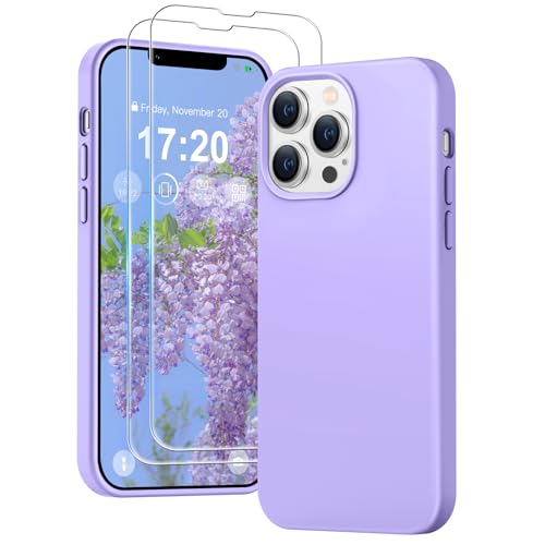 PuyaTeya 3 in 1 Hülle für iPhone 13 pro max, mit 2 Stück 9H Panzerglas Premium Liquid Silikon Hülle, mit 4-Layer stoßfeste abriebfestes, Soft Mikrofaserfutter Kratzfes Schutzhülle(Hellviolett) von PuyaTeya