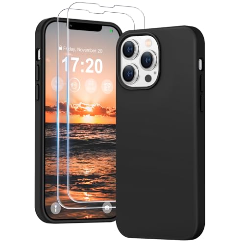 PuyaTeya 3 in 1 Hülle für iPhone 13 pro max, mit 2 Stück 9H Panzerglas Premium Liquid Silikon Hülle, mit 4-Layer stoßfeste abriebfestes, Soft Mikrofaserfutter Kratzfes Schutzhülle(Tiefschwarz) von PuyaTeya