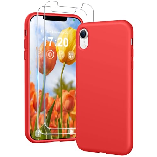 PuyaTeya 3 in 1 Hülle für iPhone XR, mit 2 Stück 9H Panzerglas Premium Liquid Silikon Hülle, mit 4-Layer stoßfeste abriebfestes, Soft Mikrofaserfutter Kratzfes Schutzhülle für iPhone XR(Rot) von PuyaTeya