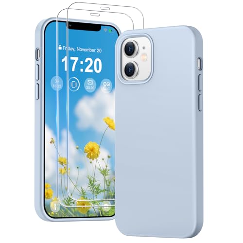 PuyaTeya 3 in 1 Hülle für iPhone 12/12 pro, mit 2 Stück 9H Panzerglas Premium Liquid Silikon Hülle, mit 4-Layer stoßfeste abriebfestes, Soft Mikrofaserfutter für iPhone 12/12 pro (Azurblau) von PuyaTeya