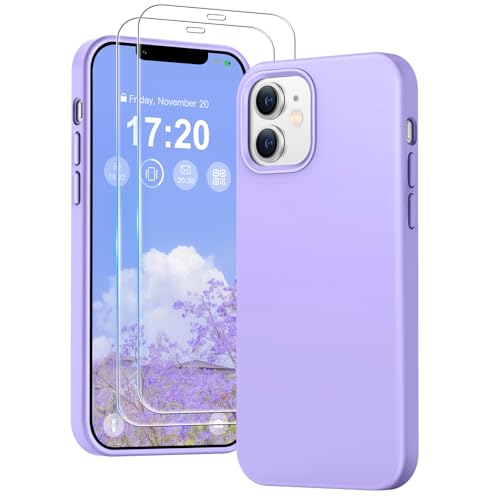PuyaTeya 3 in 1 Hülle für iPhone 12/12 pro, mit 2 Stück 9H Panzerglas Premium Liquid Silikon Hülle, mit 4-Layer stoßfesteabriebfestes, Soft Mikrofaserfutter hülle für iPhone 12/12 pro (Hellviolett) von PuyaTeya
