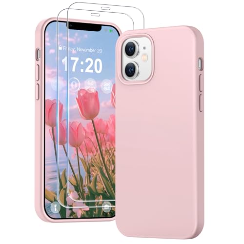 PuyaTeya 3 in 1 Hülle für iPhone 12/12 pro, mit 2 Stück 9H Panzerglas Premium Liquid Silikon Hülle, mit 4-Layer stoßfesteabriebfestes, Soft Mikrofaserfutter hülle für iPhone 12/12 pro(Rose) von PuyaTeya