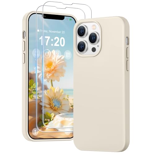 PuyaTeya 3 in 1 Hülle für iPhone 13 pro, mit 2 Stück 9H Panzerglas Premium Liquid Silikon Hülle, mit 4-Layer stoßfesteabriebfestes, Soft Mikrofaserfutter hülle für iPhone 13 pro(Beige) von PuyaTeya