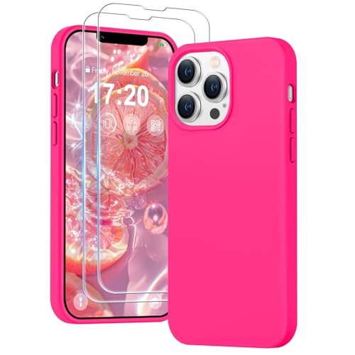 PuyaTeya 3 in 1 Hülle für iPhone 13 pro, mit 2 Stück 9H Panzerglas Premium Liquid Silikon Hülle, mit 4-Layer stoßfesteabriebfestes, Soft Mikrofaserfutter hülle für iPhone 13 pro(Neon Pink) von PuyaTeya