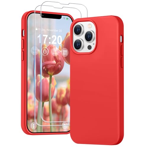 PuyaTeya 3 in 1 Hülle für iPhone 13 pro, mit 2 Stück 9H Panzerglas Premium Liquid Silikon Hülle, mit 4-Layer stoßfesteabriebfestes, Soft Mikrofaserfutter hülle für iPhone 13 pro(Rot) von PuyaTeya