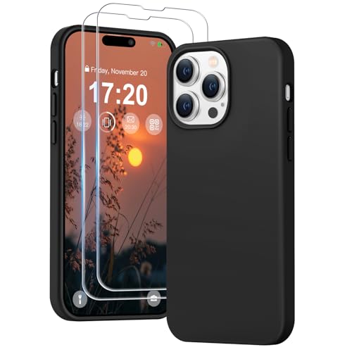 PuyaTeya 3-in-1 Silikon Hülle/Panzerglas für iPhone 14 pro, [1 Handyhülle+2 Stück Panzerglas] Hochwertiges Silikon, 9H Härte Panzerfolie, ratzfestes weiches Mikrofaserfutter(Tiefschwarz) von PuyaTeya
