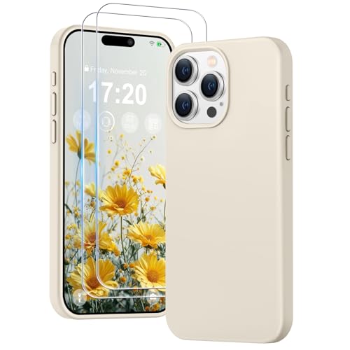PuyaTeya 3-in-1 Silikon Hülle/Panzerglas für iPhone 15 pro, [1 Handyhülle+2 Stück Panzerglas] Hochwertiges Silikon, 9H Härte Panzerfolie, ratzfestes weiches Mikrofaserfutter(Beige) von PuyaTeya