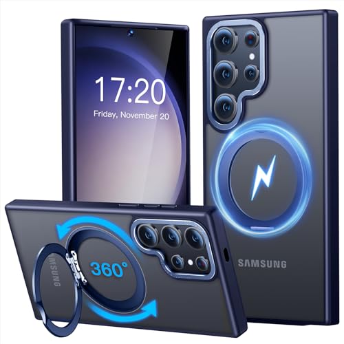 PuyaTeya Handyhülle für Samsung Galaxy S23 Ultra Hülle 5G, für MagSafe [ Upgraded mit 360° Ständer ] [ Transluzente Matte ] Kratzfest Schutzhülle für Samsung S23 Ultra Hülle 6.8" (Navy Blau) von PuyaTeya