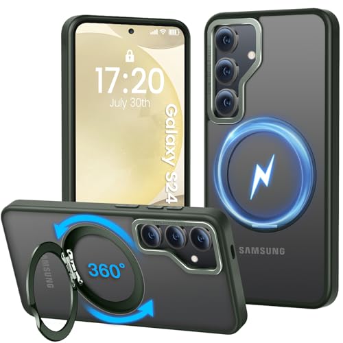 PuyaTeya Handyhülle für Samsung Galaxy S24 Hülle 5G, für Mag-Safe [ Upgraded mit 360° Ständer ] [ Transluzente Matte ] Kratzfest Schutzhülle für Samsung S24 Hülle(Dunkel Grün) von PuyaTeya