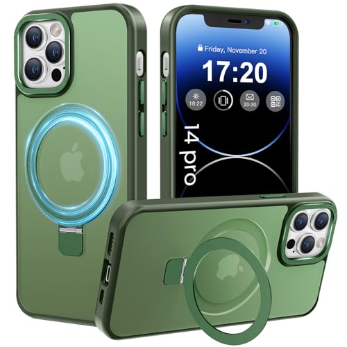 PuyaTeya Handyhülle für iPhone 14 pro Hülle, [mit Unsichtbarem Ständer ][mit MagSafe] Kratzfeste Anti-Fingerabdruck [Transluzente Matte] Hülle für iPhone 14 pro 6.1"(Dunkel Grün) von PuyaTeya