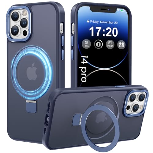 PuyaTeya Handyhülle für iPhone 14 pro Hülle, [mit Unsichtbarem Ständer ][mit MagSafe] Kratzfeste Anti-Fingerabdruck [Transluzente Matte] Hülle für iPhone 14 pro 6.1"(Navy Blau) von PuyaTeya