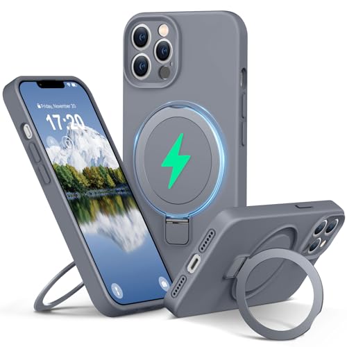 PuyaTeya Liquid Silicone Hülle für iPhone 13 pro MAX mit Magnetisch Ring Ständer, Upgraded Kameraschutz Mil-Grade Drop Shockproof Anti-Scratch Microfiber Lining Silikon hülle(Grau) von PuyaTeya