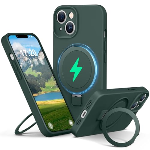 PuyaTeya Liquid Silicone Hülle für iPhone 14 mit Magnetisch Ring Ständer, Upgraded Kameraschutz Mil-Grade Drop Shockproof Anti-Scratch Microfiber Lining Silikon hülle(Grün) von PuyaTeya