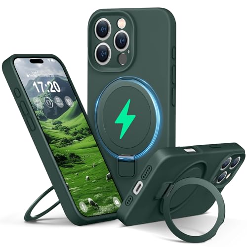 PuyaTeya Liquid Silicone Hülle für iPhone 16 pro mit Magnetisch Ring Ständer, [Upgraded Kameraschutz] [Mil-Grade Drop Shockproof] Anti-Scratch Microfiber Lining Silikon hülle(Grün) von PuyaTeya
