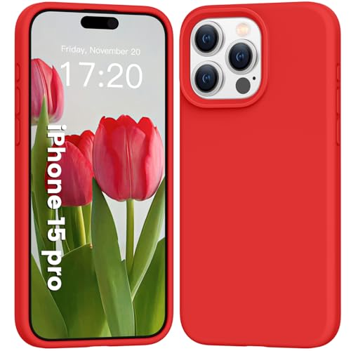 PuyaTeya Liquid Silikon handyhülle für iPhone 15 pro hülle, Hochwertiges Silikon, Ganzkörperschutz - 4 Schichten stoßfeste Handyhülle, kratzfestes weiches Mikrofaserfutter(Rot) von PuyaTeya